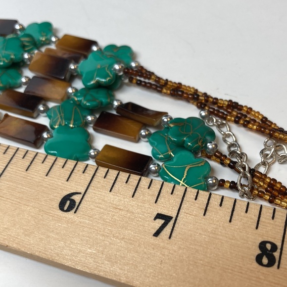 Green Brown Gold Flower Bead Necklace 18" 3" Extender - Picture 10 of 13